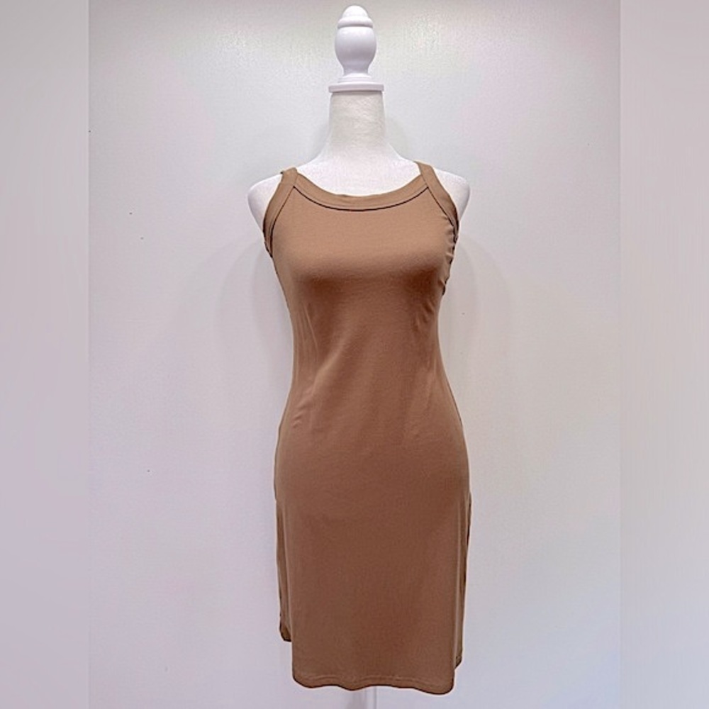 Mittoshop Tan Ribbed Fitted Tank Mini Dress Bodycon Minimalist Capsule Summer